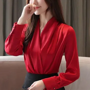 2023 Naujų Rudens Moterų korėjos stiliaus ilgomis rankovėmis Satino V-kaklo Elegantiškas Plonas Šifono Marškinėliai