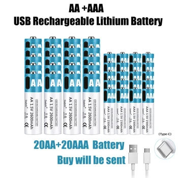 AA AAA Baterijos 1,5 V įkrovimo Baterija (akumuliatorius 2600mAh įkraunama ličio jonų baterija AA 1,5 V USB greito įkrovimo ličio jonų baterija