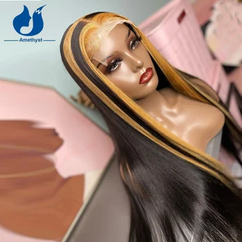 Ametistas Šilko Tiesiai Žmogaus Plaukų Perukas Higlight Šviesūs, Nėriniai Priekiniai Brazilijos Remy Human Hair Priekinės Spalvoti Perukai, Juoda Moterų