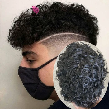 Australijos Garbanotas Toupee Kvėpuojantis Nėriniai Su Plonos Odos PU Bazės Vyras Perukas 100% Žmogaus Plaukų Pakeitimo Sistema Vyrų HairPieces 20mm