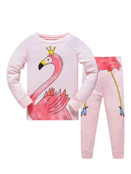 Bamblys Mergaitėms ilgomis rankovėmis Flamingo Animacinių filmų Spausdinti Pižama Rinkinys, 2-Piece