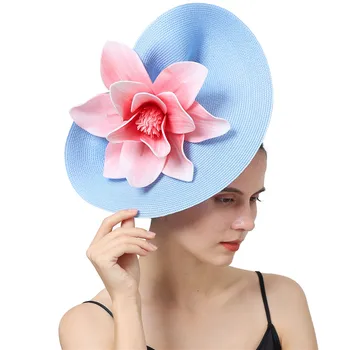 Derliaus Šviesiai Mėlyna Fascinator Plaukų Aksesuaras Moterims, Pink Gėlių Ekrano Užsklandą Elegantiškas Vestuvių Nuotakos Šalis Vinjetė Kokteilis Galvos Apdangalai