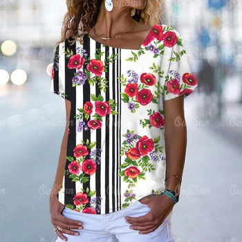 Elegantiškas Moterų Marškinėliai Dryžuotas Gėlių Margumynas Spausdinti V-Kaklo Trumpomis Rankovėmis Harajuku Retro Tee Negabaritinių Viršūnes Vasaros Moterų Drabužiai