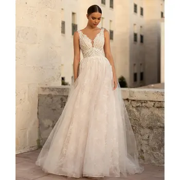 Elegantiškas Nėrinių Linija Vestuvių Suknelė 2024 Princesė Vestuvių Suknelė Blizgučiai V Kaklo Nuotaka Oficialią Šalies Dėvėti Iliuzija Balta Užsakymą