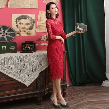 Elegantiškas Vasarą Raudonos Nėrinių Pagerėjo Cheongsam Pokylių Veiklos Elegantiškas Qipao Kinų Stiliaus Vestuvių Vakaro Suknelė Moterims