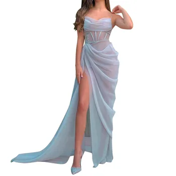 Elegantiškas Šifono Šalis Suknelės Moterims, Fishbone Korsetas vakarinę Suknelę Vestidos Seksualus Spageti Dirželis Aukštos Padalinta Oficialų Maxi Suknelė
