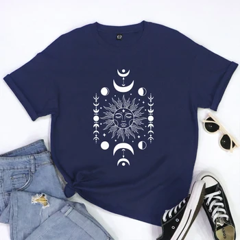 Estetinės Saulės Ir Mėnulio Astrologijos T-shirt Mistinis Moterų Hipių Pobūdžio Marškinėliai, Viršuje Dangaus Mėnulio Grafinis Tshirts Apranga