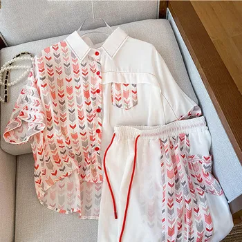Geometrinis Moterų Pižama Šortai Nustatyti Sleepwear 2 Gabalas Vasaros Pijama Korėjos Loungewear Trumpas Rankovės Namų Drabužių Kišenėje, Naktiniai Drabužiai