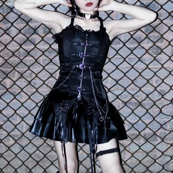Goth Punk Teismas Stiliaus Grandines Užtrauktukas Korsetas Tunika Sagtis Skustukai Moterų Negabaritinių Kūno Formavimas Komplektus Drabužių Atitikimo Suknelė