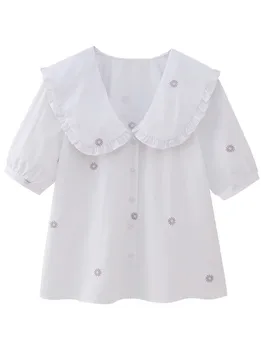 Gėlių Siuvinėjimas Lėlės Apykakle Palaidinė Moterims Vasaros Trumpomis Rankovėmis Vieną Krūtinėmis Marškinėliai 2023 Elegantiškas Sielovados Stiliaus Balta