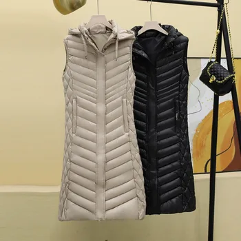 Iki 2023 M. Rudens Žiemos Vest Moterų Berankovis Parkas Medvilnės Kamšalu Striukė Su Gobtuvu Šiltas Atsitiktinis Ilgi Paltai Korėjos Mados Outwear