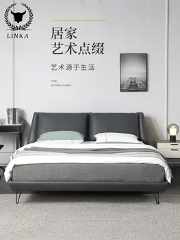 Italų stiliaus pirmas sluoksnis karvės odos dvigulė lova, miegamojo, modernus minimalistinio Nordic light luxury oda lova odos meno lova