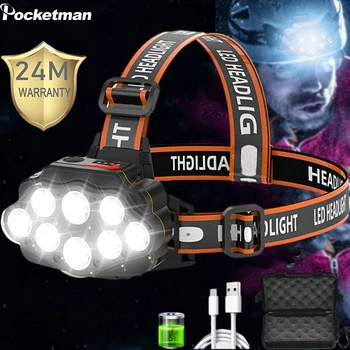 Itin Šviesus Galingas 8 LED Žibintas priekinis žibintas Įkraunamas Kempingas Galvos Žibintuvėlis atsparus Vandeniui Galvos montuojamas Lanterna įmontuota baterija