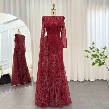 Išskirtinį Dubajus Bordo Undinė Musulmonų Vakarinę Suknelę 2023 Overskirt Ilgomis Rankovėmis Plius Dydis Moterų, Oficialių Vestuvių Suknelės, Šaliai