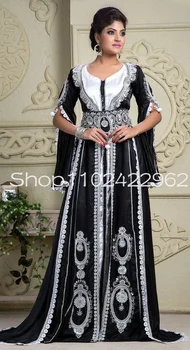 Juoda Balta Maroko Caftan Keltas Suknelės su ilgomis Rankovėmis Nėrinių Aplikacijos Išgalvotas afrikos Takchita Islamo Kaftan Vakare Gown