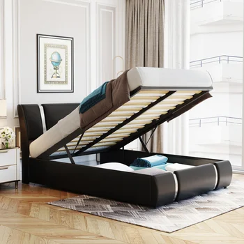 Juoda Visu Dydžiu Minkštų Dirbtiniais Odos Platformos lova su Hidrauliniu Laikymo Sistemos,patalpų miegamojo baldai
