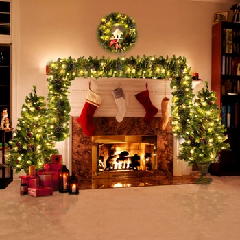 Kalėdų Eglutė iš Anksto šviečia Kalėdų Medžio Dirbtinės Kalėdų 4-Piece Set,Garliava,Vainikas ir 2 Įėjimas Medžių X-mas w/ LED Lights