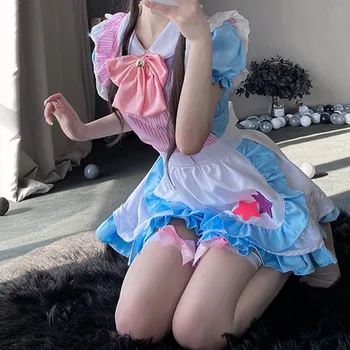 Kawaii Lolita Anime Kambarinės Apranga Rožinė + Mėlyna Cosplay Kambarinės Apranga Lolita Sijonas Kostiumas Mielas Japonų Anime Cosplay Apranga Kostiumas