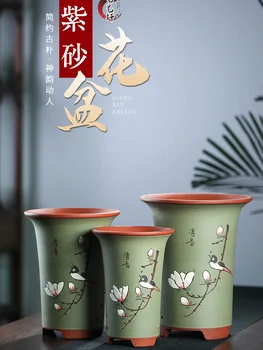 Keramikos Cymbidium Augalų Ranka Raižyti Bonsai Puodą, Cilindro Formos, Su Pagrindo Tradicija Kinijoje Succulents Sodo Puošmena