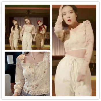 Kpop IU Lee Bį Lt Naujas Vasaros Gėlių, Moterų Ilgas Rankovėmis Marškinėliai Atsitiktinis Elegantiškas Button Cardigan Palaidinės Temperamentas Saldus Slim Viršūnės