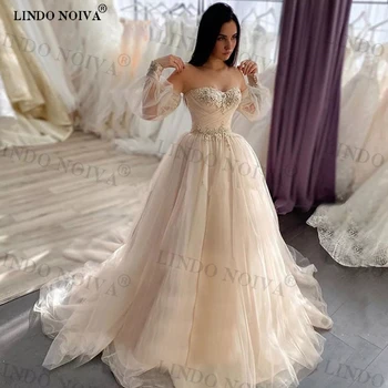 LINDO NOIVA Boho Appliques Nėrinių Vestuvių Suknelė Elegantiškas Brangioji, Uždusęs Rankovėmis-Line Princesė Vestuvių Suknelė Nuotakos Suknelės 2023