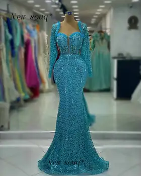Madingas arabų Mėlyna Oficialų Undinė ilgomis Rankovėmis, Vakaro Suknelės Kristalų Duobute Elegantiškas Chalatai Moterims, Vestuves Plius Dydis
