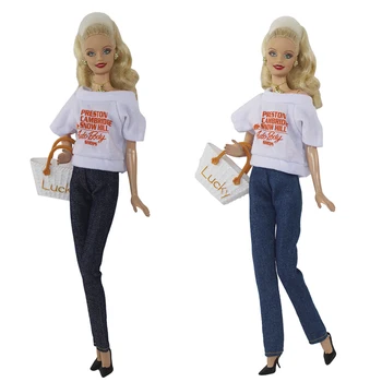 Mados baltus Drabužius Rinkinys Barbie Lėlės Raidė T-shirt Ilgai Džinsinio audinio Kelnės Batai Pasisekė Pagalvių Komplektai 1/6 Lėlės Reikmenys, Žaislai