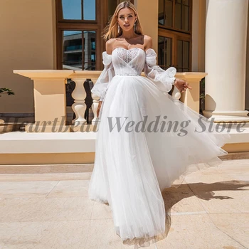 Mados Off-The-Pečių Vestuvių Suknelė 2023-Line Brides su Mylimąja Backless Nėriniai-Up Teismas Traukinio Blizgančiais Karoliukai Perlai