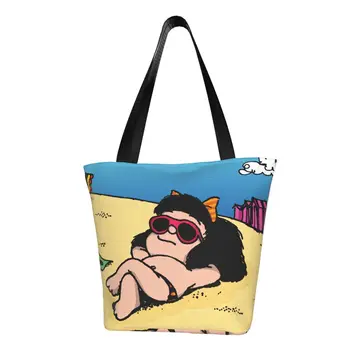 Mafalda Paplūdimyje Bakalėja, Pirkinių Krepšys Drobės Shopper Nešti Pečių Maišą Didelių Pajėgumų Nešiojamų Juokinga Quino Komiksų Rankinės