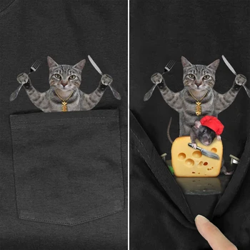 Medvilnės Marškinėliai Mados Kišenėje Katė valgo pelės Atspausdintas T-shirt Vyrams, Moterims Marškinėliai Hip-Hop Šukuotinės Medvilnės Atsitiktinis Tees Lašas Laivybos