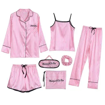 Moterys 7 Gabalus Šilkiniai naktiniai marškiniai, pižamos Komplektas Rožinė Dryžuota Spausdinti ilgomis Rankovėmis Marškinėliai Camisole Šortai, Kelnės Sleepwear Namuose su drop laivyba