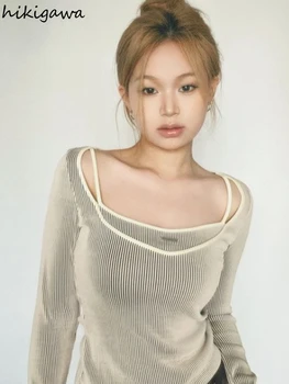 Moterų Drabužiai Seksualus Tshirts Netikrą Du Trišakiai Aikštėje Apykakle Ilgomis Rankovėmis Dryžuota Tunika Marškinėliai Apkarpyti Viršūnes Temperamentas Korėjos Marškinėliai