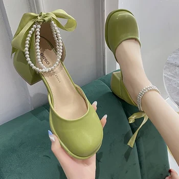 Moterų Siurbliai Mary Janes Aukštakulnius Batus Lolita Vasaros Stambusis Sandalai 2022 Naujos Eilutės Granulių Prabangos Šalies Moterų Batai Mujer Zapatos