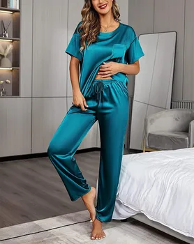 Moterų vientisos Spalvos Patogi Minkšta Pižama Homewear Trumpas Rankovės Kelnės Prarasti Atsitiktinis Dviejų dalių Kostiumas