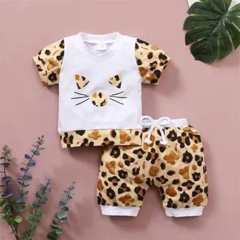 Naujagimiui Kūdikių Unisex Pavasario Vasaros Spausdinti Medvilnės Leopard trumpomis Rankovėmis Marškinėlius Šortų Komplektus Drabužių Baby Wrap Mergaitėms