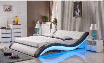 po šiuolaikinės nekilnojamojo natūralios odos lova / minkšta lova/dvigule lova karaliaus/karalienės dydžio miegamasis su garso sistema, skirtą 