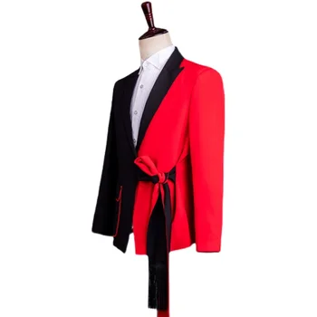Raudona ir juoda kontrastingų spalvų atitikimo Švarkas vyrų kostiumas slim etape parodyti dainininkas veiklos kutas diržo stiliaus vestuvių kostiumai vyrams