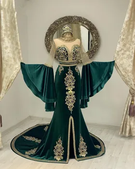 Smaragdas Hunter Green Undinė arabų Caftan Prom Dresses su Fairy ilgomis Rankovėmis Aukso Aplikacijos Maroko Vakarą Proga Suknelė