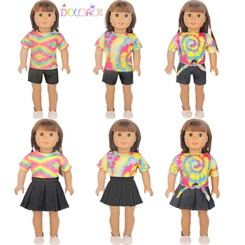 Spalvinga Bandhnu T-marškinėliai+Šortai/Sijonas Drabužių Rinkinį Amerikiečių 18 Colių Mergina Lėlės Bohemišką Aprangą 43cm Baby Naujas Gimęs,OG Lėlės