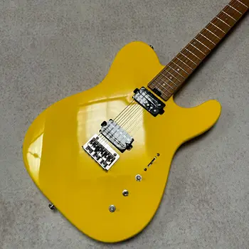 TL all-in-one Elektrinė gitara, skaidrus, geltona piešinys ant kūno, virves traukimo plokštė, ant nugaros, specialūs pikapas, spalva biuras