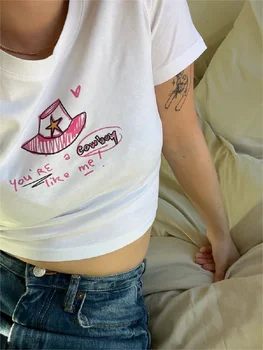Vasaros Įdomus Laiškas Modelis Atspausdintas T-shirt Moterų Top Y2k Estetika Harajuku Mados Atsitiktinis marškinėliai Asmeninį Kawaii