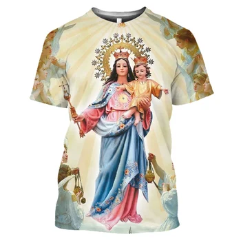 Vasarą Vyrams trumpomis Rankovėmis T-shirt Apvalus Kaklas 3d Spausdinimo Marškinėliai su Kristaus Jėzaus, Mergelės Marijos Modelis Mados Atsitiktinis Greitai džiūsta Viršų