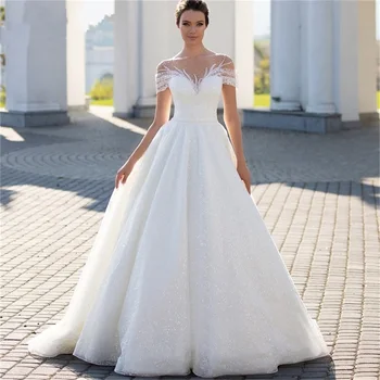 Vestuvinė Suknelė Nuotaka 2023 Blizga Nuo Peties Mados Blizgučiai Lace A-Line Bridal Gown Iliuzija Klostes Chalatas De Mariée