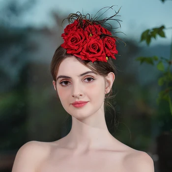 Vestuvių Plaukų Aksesuarai Nuotaka Elegantiška Apdaila Raudona Rožė Baroko Stiliaus Šalis Karalienė Moterims