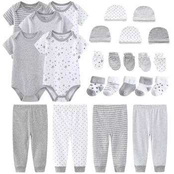 Vientisos Spalvos Unisex Bodysuits+Kelnės+Pirštinės+Skrybėlės+Kojinės Baby Girl Drabužių Rinkiniai Naujagimių Medvilnės Berniuko Drabužius Trumpomis Rankovėmis Bebes