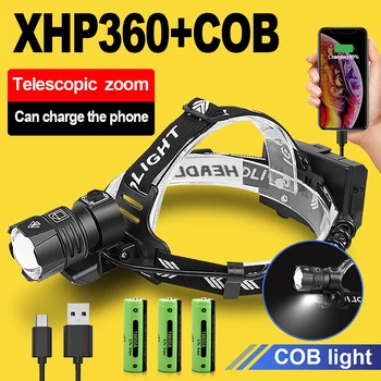 XHP360 High Power LED Žibintai USB Įkrovimo Galvos žibintų Super Šviesus Galingas priekinis žibintas 18650 Vandeniui Žvejybos Žibintų