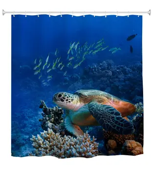 Sea Turtle Dušo Užuolaidos Povandeninių Vandenyno Žuvų, Koralų Rifas Jūrų Gyvybės Vonios Užuolaidos Kabliukai Mėlyna Vonia Ekrano Dekoras