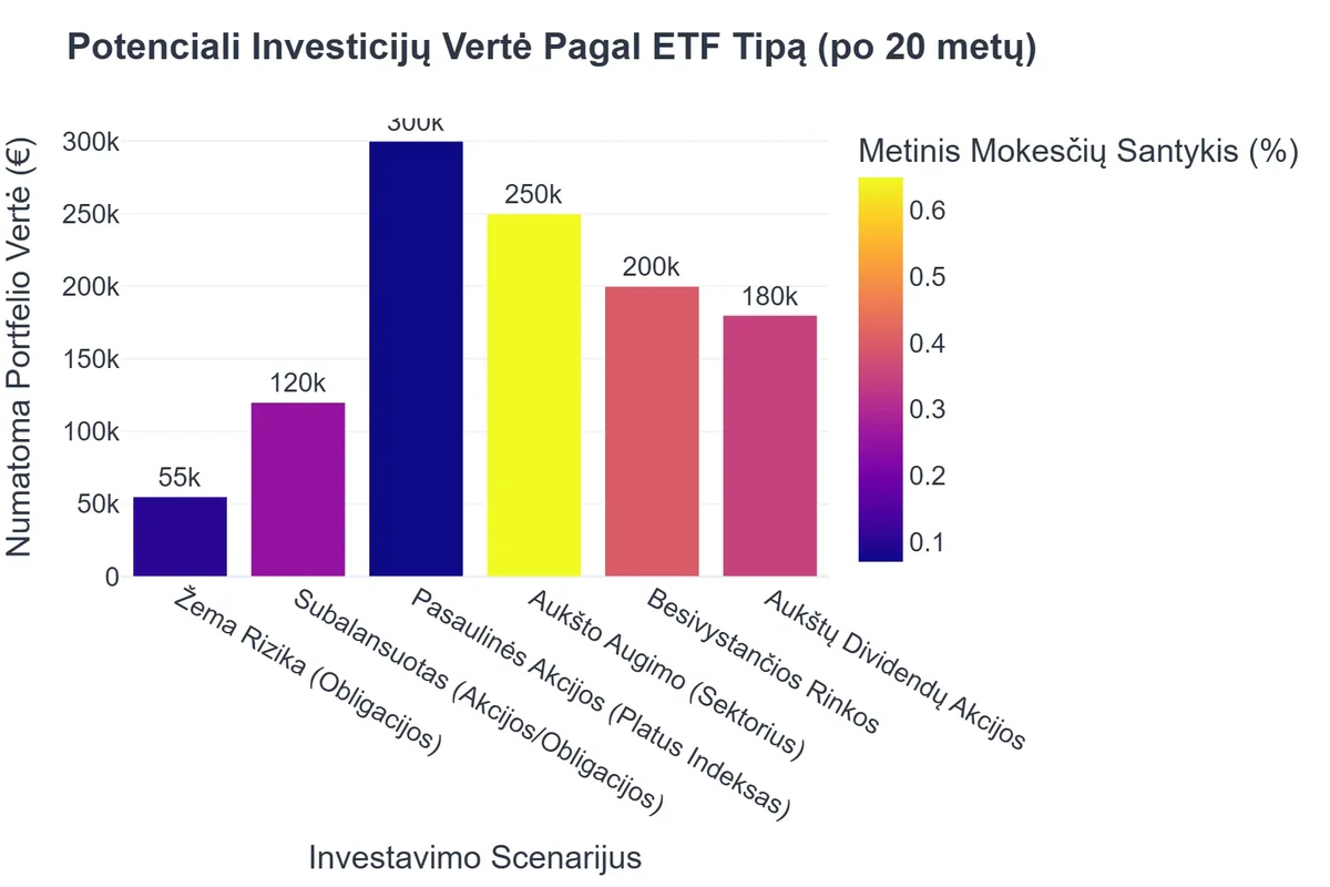 Potenciali Investicijų Vertė Pagal ETF Tipą (po 20 metų)