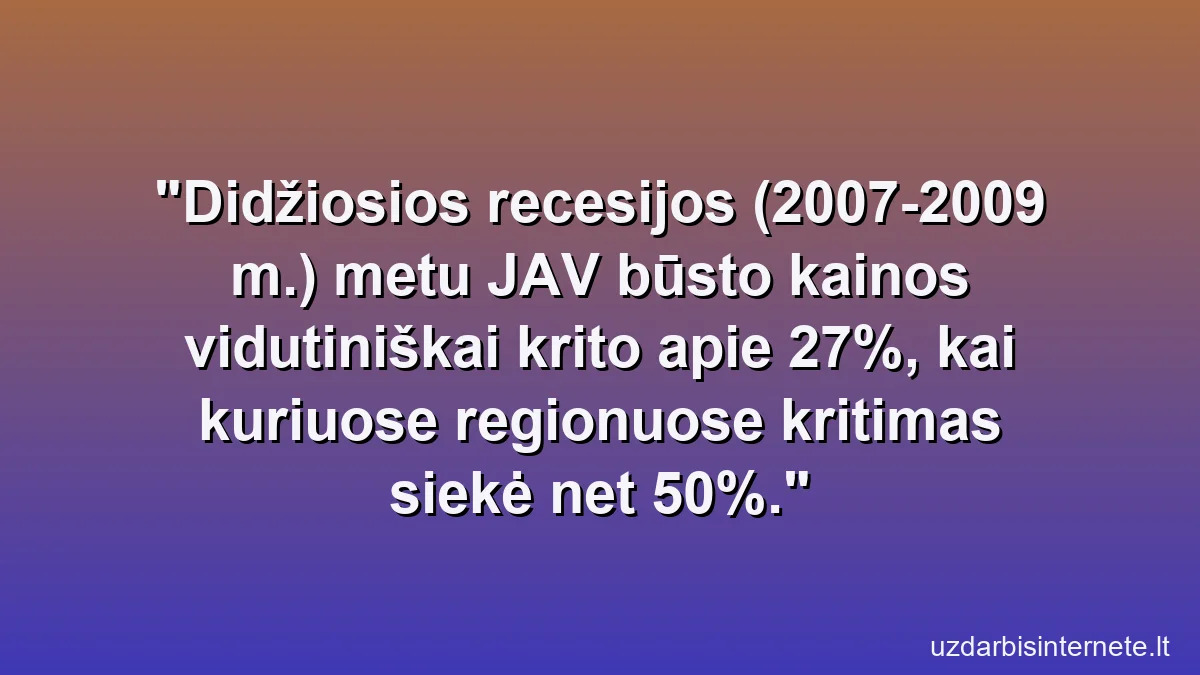 Didžiosios recesijos (2007-2009 m.) metu JAV būsto kainos vidutiniškai krito apie 27%, kai kuriuose regionuose kritimas siekė net 50%.