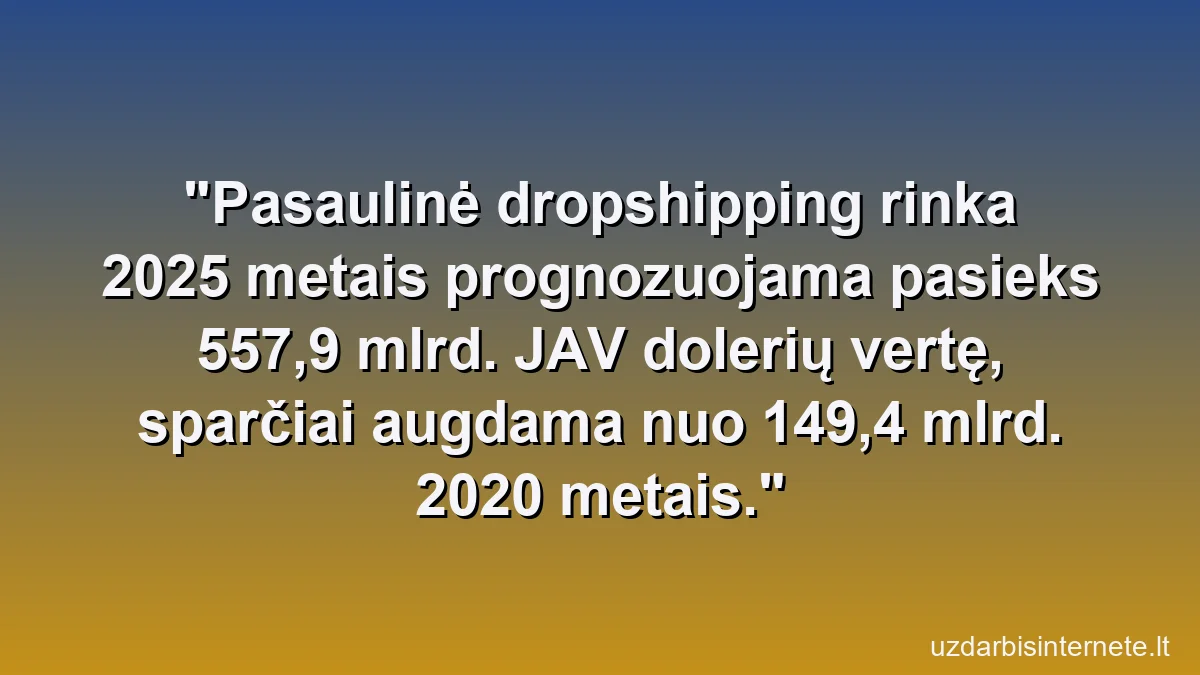 Pasaulinė dropshipping rinka 2025 metais prognozuojama pasieks 557,9 mlrd. JAV dolerių vertę, sparčiai augdama nuo 149,4 mlrd. 2020 metais.